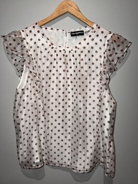 Karl Lagerfeld White Blouse with Brown Polka Dots and Ruffle Sleeves XL BNWT